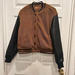 Blank NYC Sherpa Varsity‎ Bomber Jacket Buttons Large Brown Black